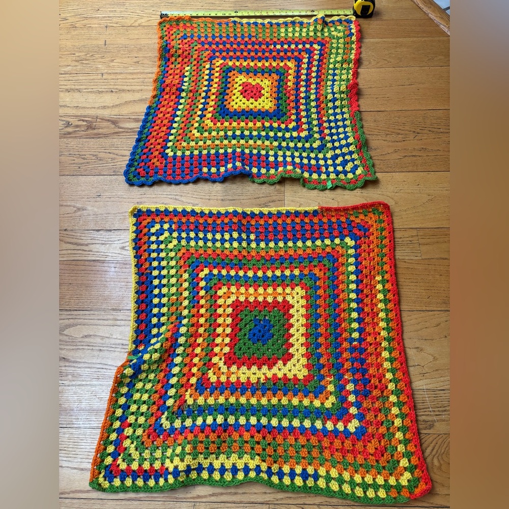 Set of homemade afghan quilts, primary colors 31x31 70’s ✌🏼2